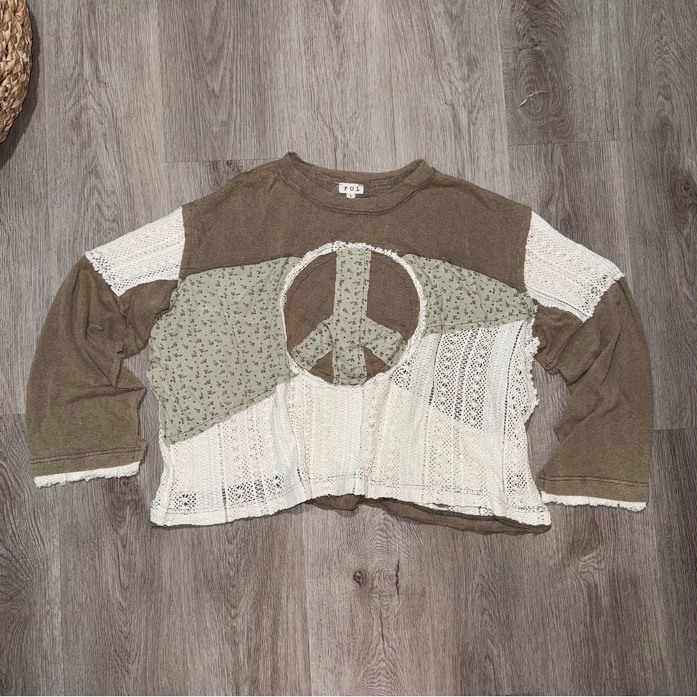 POL Peace Sign Logo - Brown and Cream Patchwork Long Sleeve Top